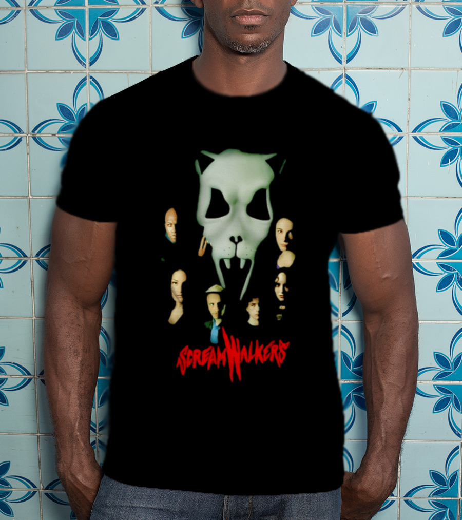 Screamwalkers Movie Cast Ensemble With Giant Mask Horror Faces T-Shirt