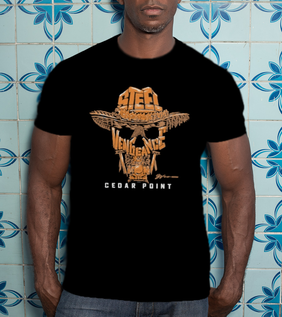 Cedar Point Steel Vengeance Orange Skull Logo & GV Wordscape T-Shirt