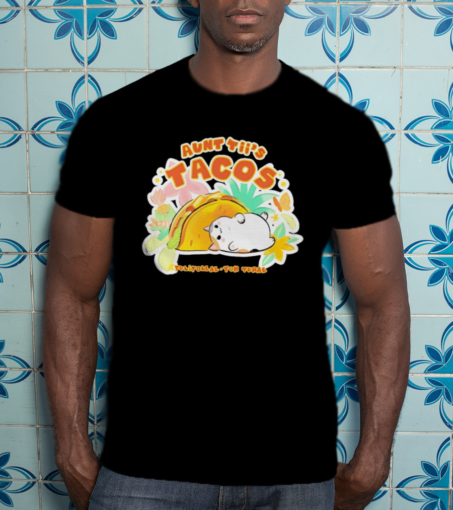 Aunt Tii's Tacos Cat Tulitollal Yok Tural Vibrant Fiesta Floral Burst T-Shirt