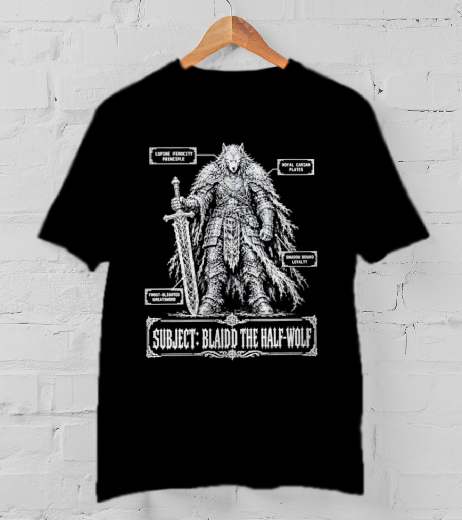 Blaidd Half Wolf Diagram Giant Sword Layered Fur Combat Form Analysis T-Shirt