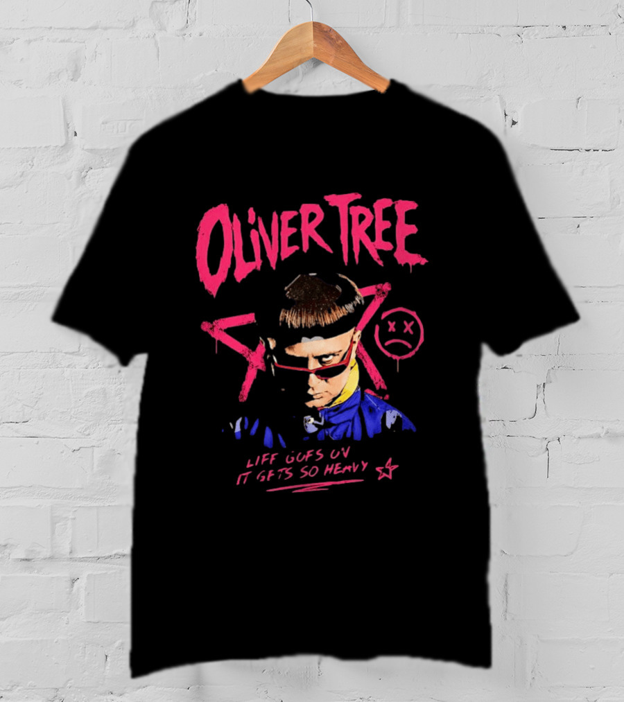 Oliver Tree Life Goes On It Gets So Heavy X Symbol Pink Text Sad Face T-Shirt