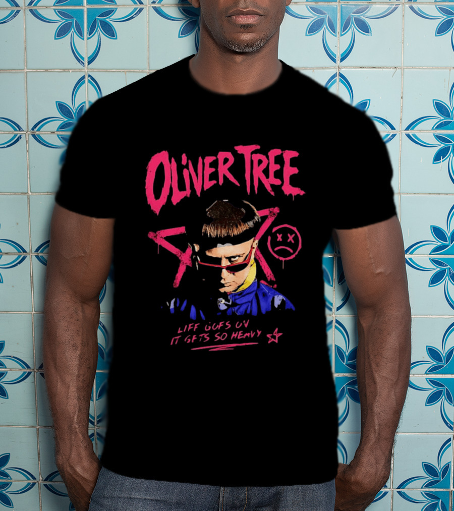 Oliver Tree Life Goes On It Gets So Heavy X Symbol Pink Text Sad Face T-Shirt