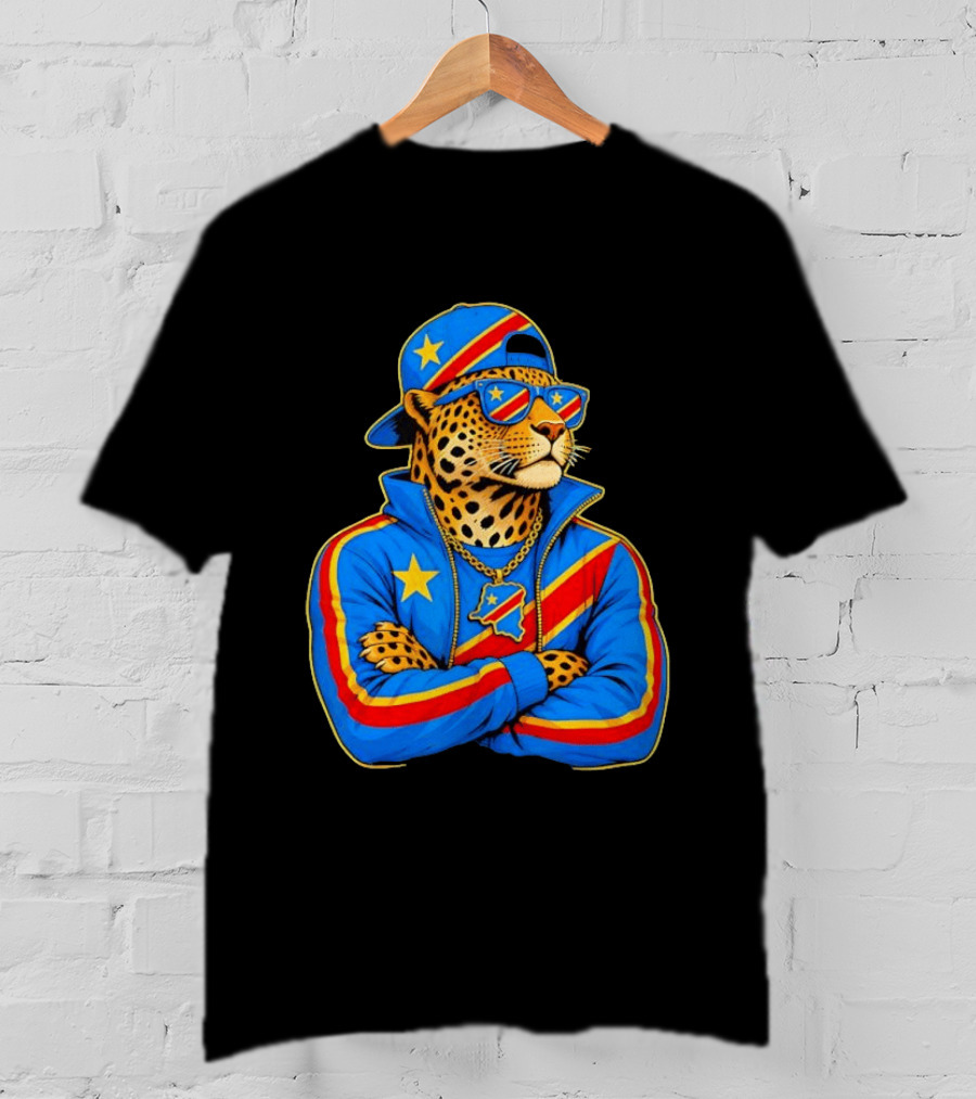 DR Congo Flag Colors Leopard In Hip Hop Style Outfit T-Shirt