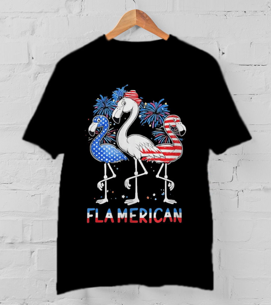 Flamerican Flamingo Fireworks Patriotic Fourth Of July T-Shirt