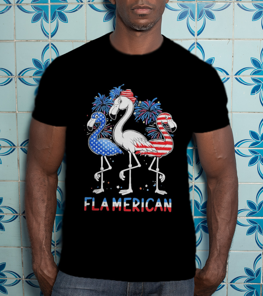 Flamerican Flamingo Fireworks Patriotic Fourth Of July T-Shirt