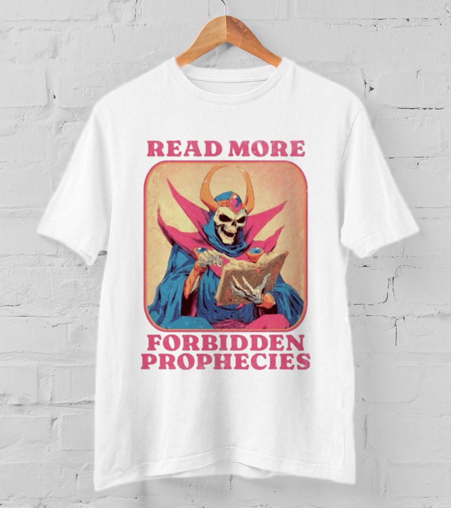 Read More Forbidden Prophecies Skeleton Cloaked Figure Holding Book T-Shirt