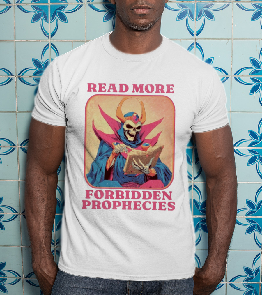 Read More Forbidden Prophecies Skeleton Cloaked Figure Holding Book T-Shirt
