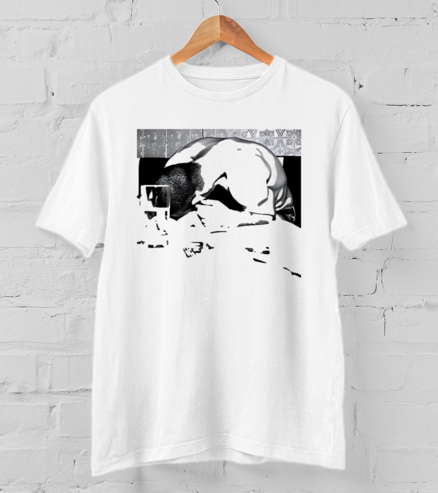 Rough Night Passed Out At Dinner Table Humor Black And White Image T-Shirt