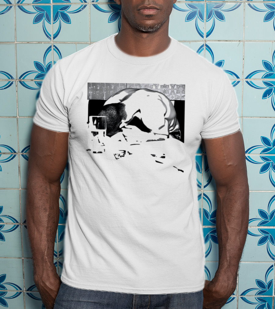 Rough Night Passed Out At Dinner Table Humor Black And White Image T-Shirt