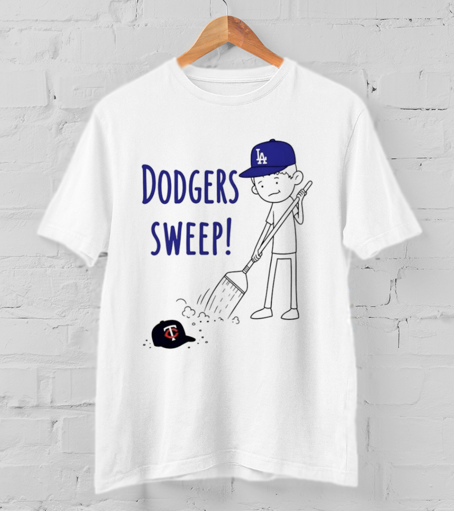 Dodgers Sweep Cartoon Figure In LA Cap Broom Action T-Shirt