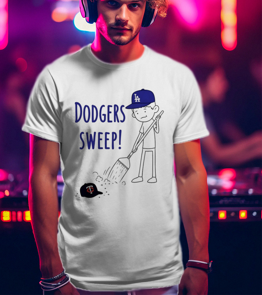 Dodgers Sweep Cartoon Figure In LA Cap Broom Action T-Shirt