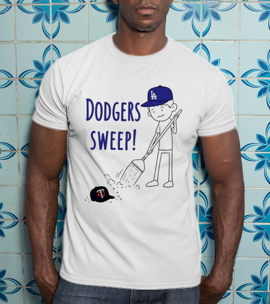 Dodgers Sweep Cartoon Figure In LA Cap Broom Action T-Shirt