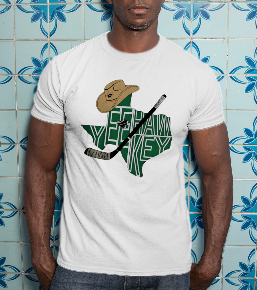 Yeehaw Key Texas Hockey Dallas Stars NHL Cowboy Hat Hockey Stick Map T-Shirt