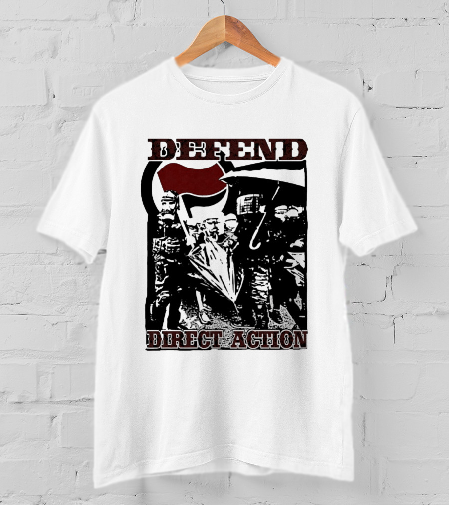 Defend Direct Action Antifa Protest Imagery With Red Flag Iconography T-Shirt