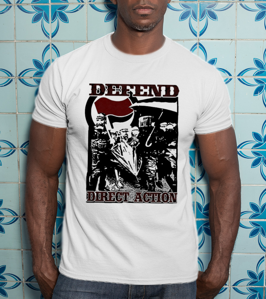 Defend Direct Action Antifa Protest Imagery With Red Flag Iconography T-Shirt