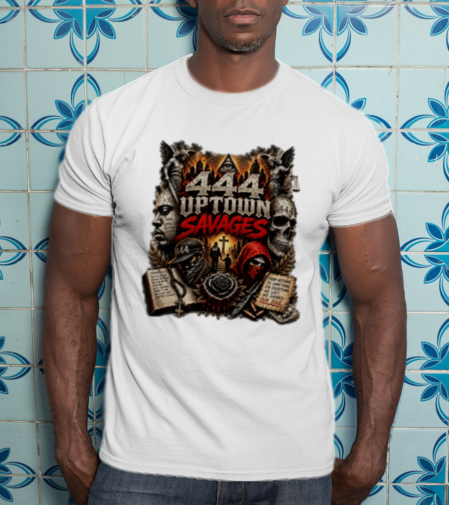 444 Uptown Savages Urban Gothic Art With Skulls And Roses T-Shirt