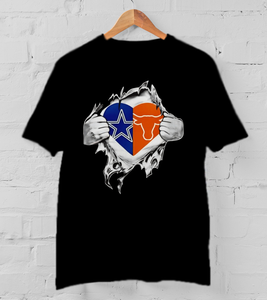 Dallas Cowboys And Texas Longhorns Heart Symbol Tearing T-Shirt