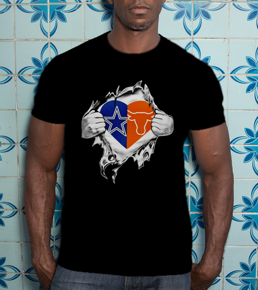 Dallas Cowboys And Texas Longhorns Heart Symbol Tearing T-Shirt