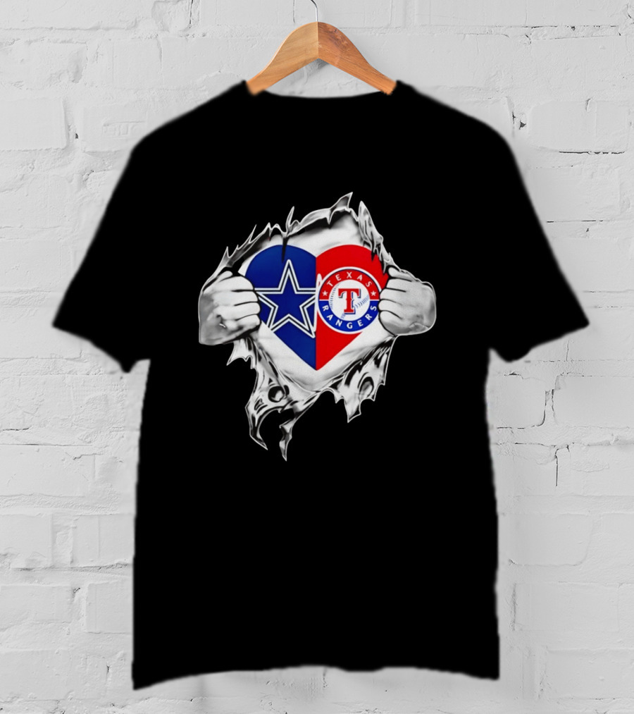 Dallas Cowboys Texas Rangers Heart Torn Open Sports T-Shirt