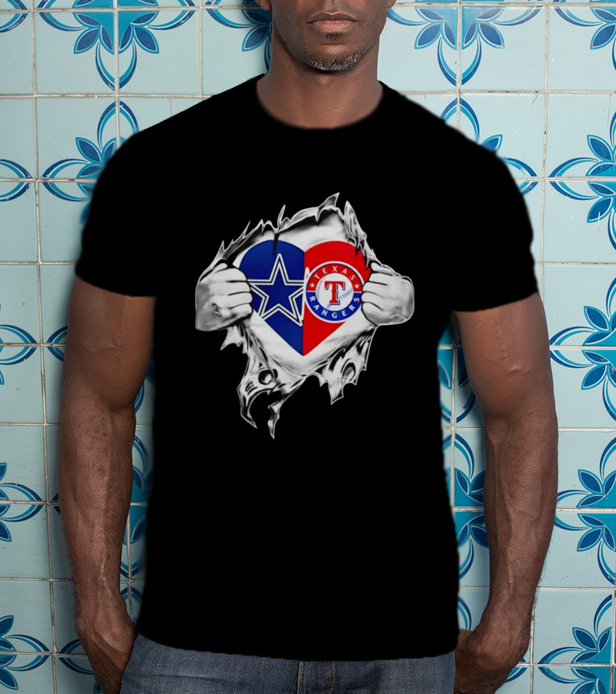 Dallas Cowboys Texas Rangers Heart Torn Open Sports T-Shirt