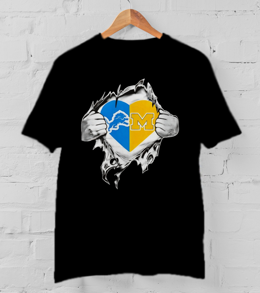 Detroit Lions Michigan Wolverines Heart Torn Reveal T-Shirt