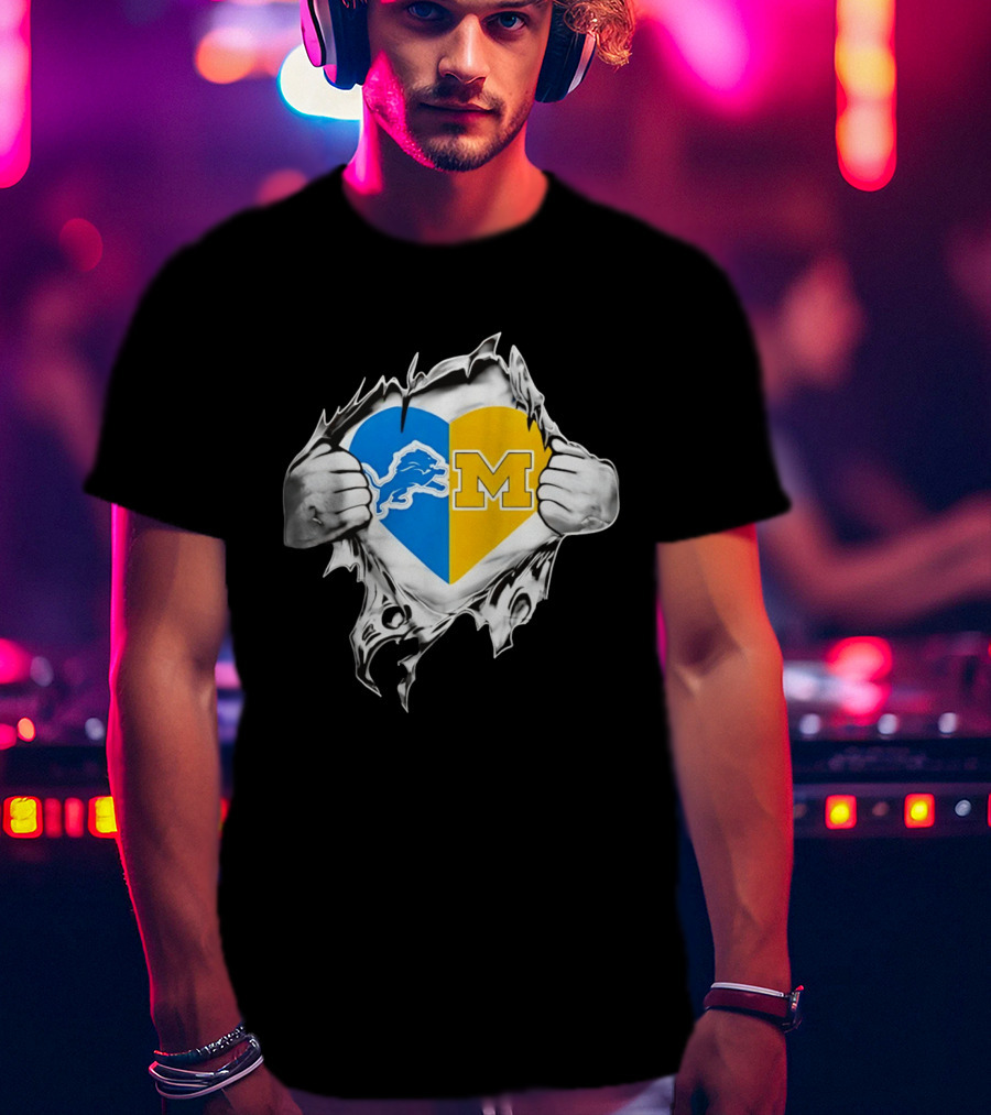 Detroit Lions Michigan Wolverines Heart Torn Reveal T-Shirt