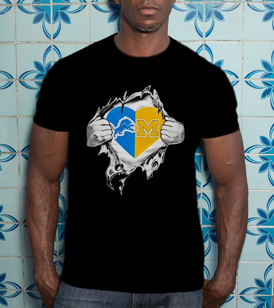 Detroit Lions Michigan Wolverines Heart Torn Reveal T-Shirt