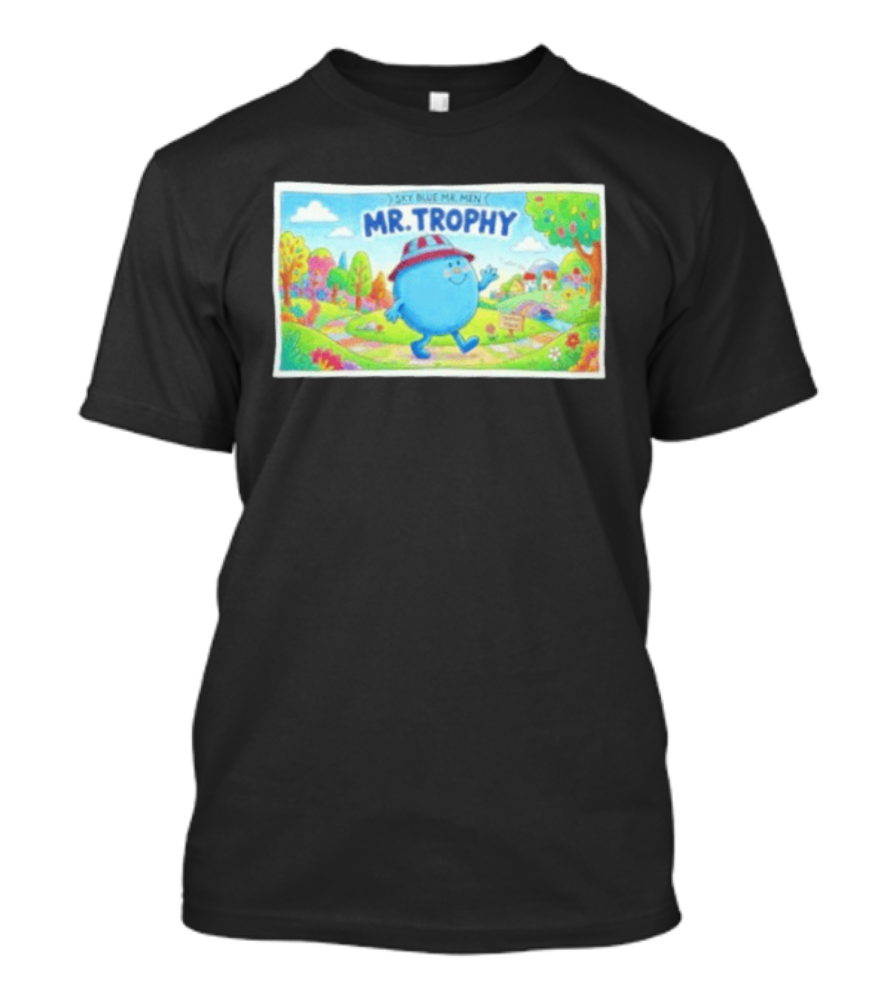 Sky Blue Mr. Men Mr. Trophy Character In Colorful Landscape Scene T-Shirt