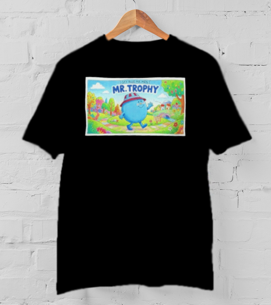 Sky Blue Mr. Men Mr. Trophy Character In Colorful Landscape Scene T-Shirt