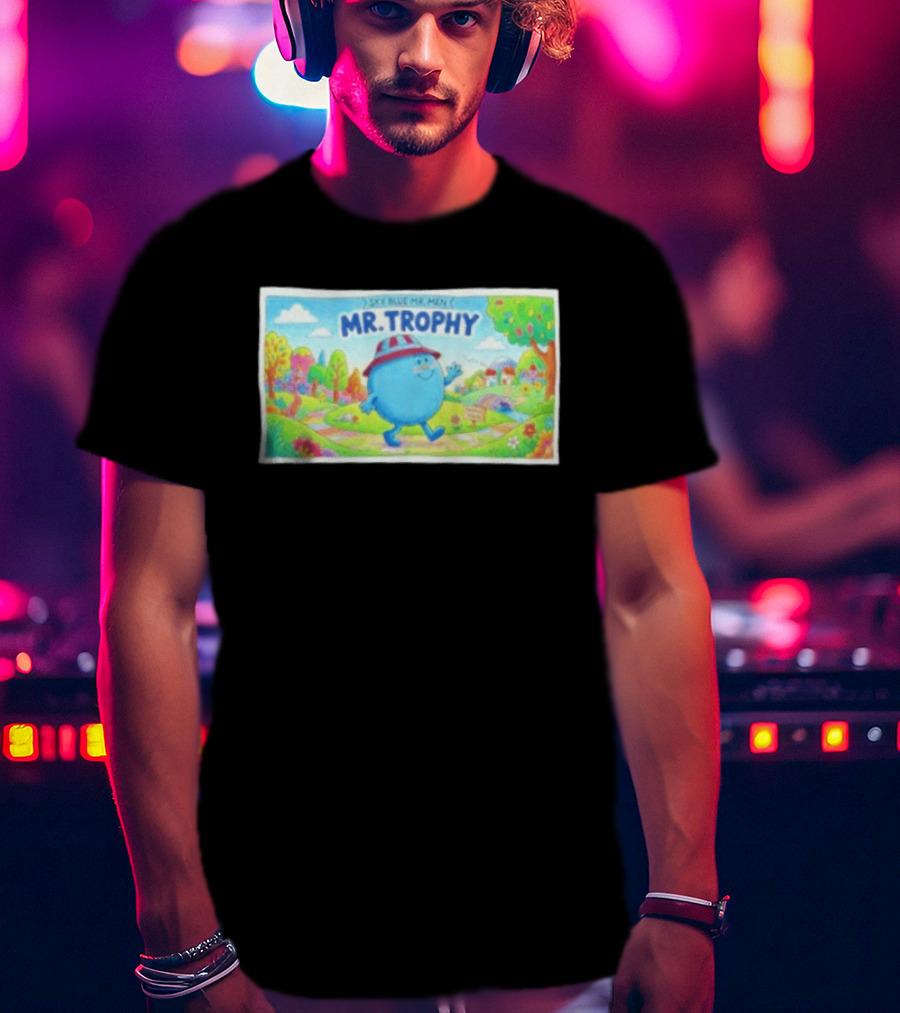 Sky Blue Mr. Men Mr. Trophy Character In Colorful Landscape Scene T-Shirt