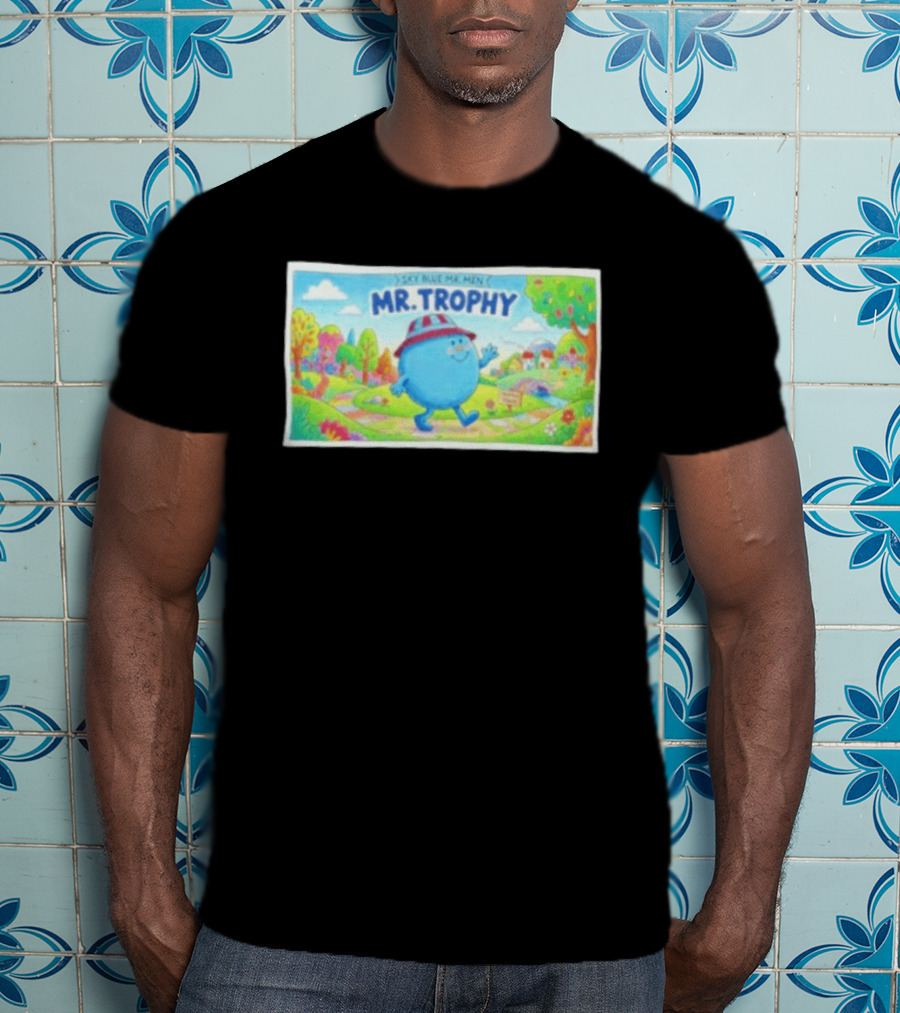 Sky Blue Mr. Men Mr. Trophy Character In Colorful Landscape Scene T-Shirt