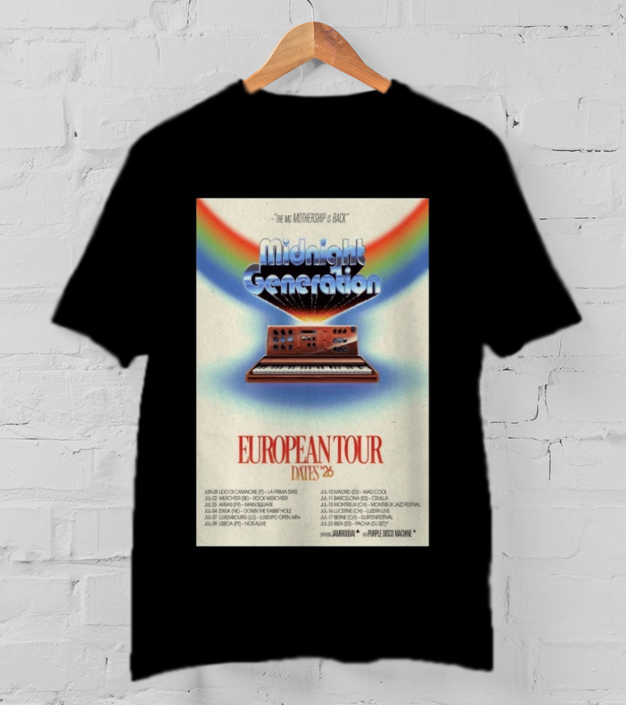 Midnight Generation European Tour Dates '26 Mothership Is Back Jamiroquai Purple Disco Machine T-Shirt