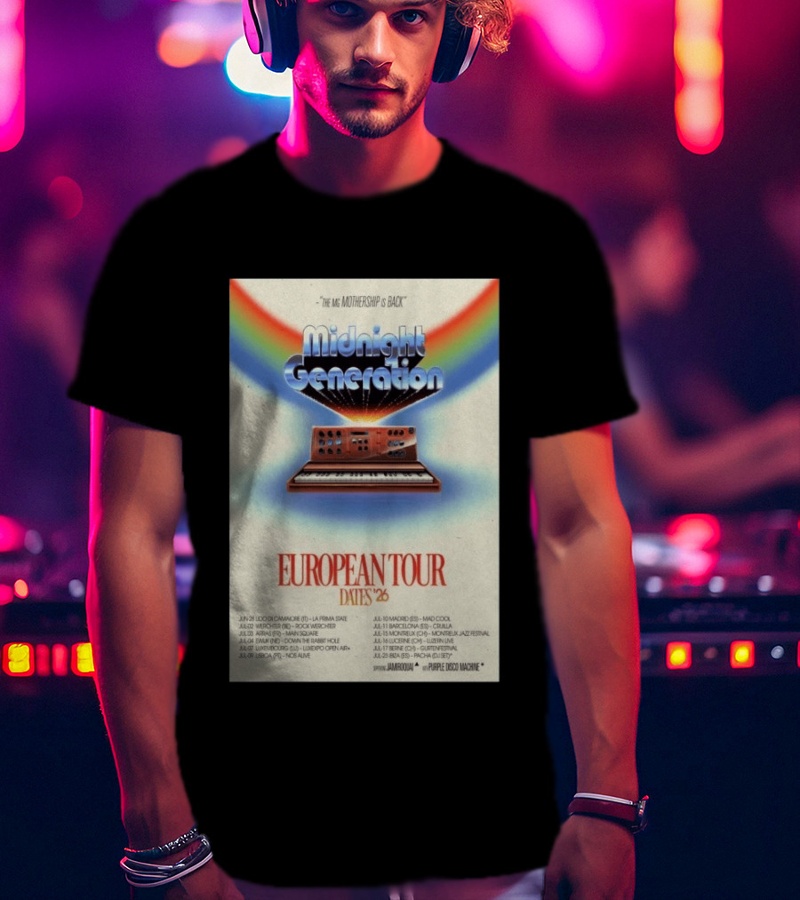 Midnight Generation European Tour Dates '26 Mothership Is Back Jamiroquai Purple Disco Machine T-Shirt