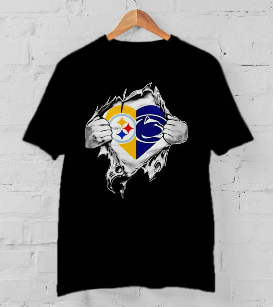 Steelers Penn State Heart Fan Logo Torn Fabric T-Shirt