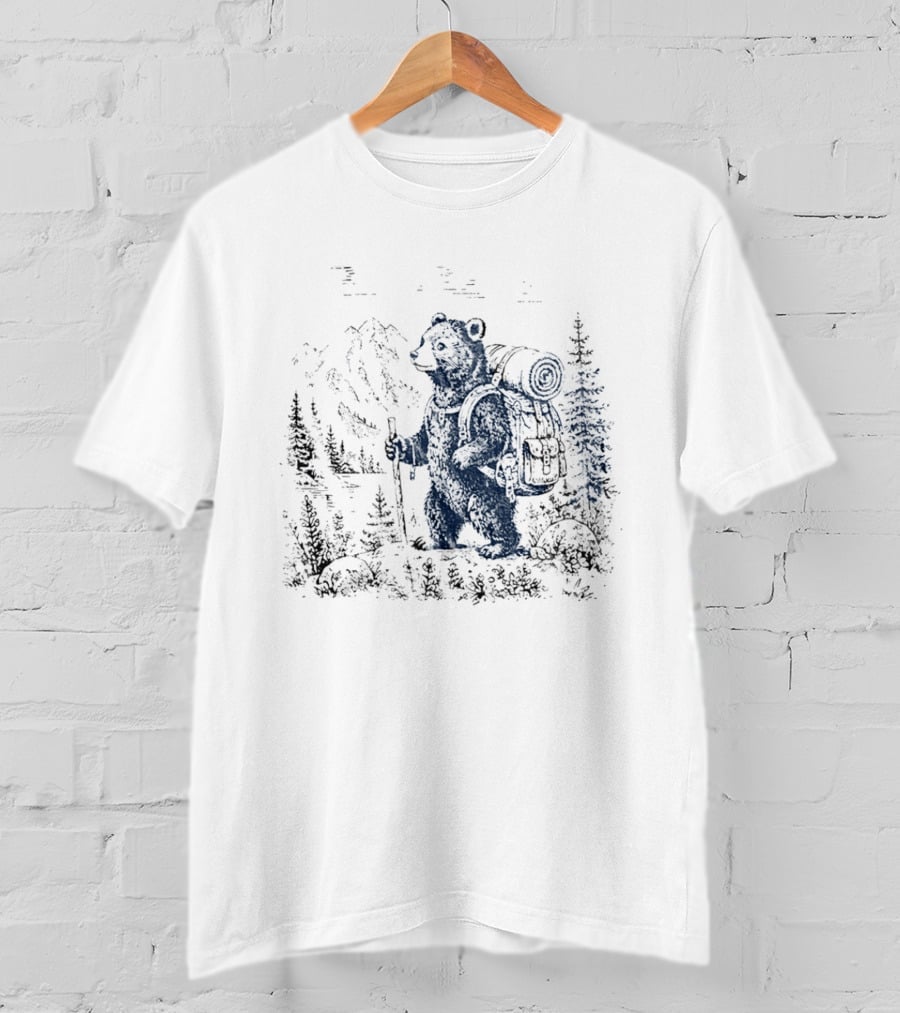 Hiking Bear Trekking Adventure With Backpack And Walking Stick Mountain Forest Scene T-Shirt