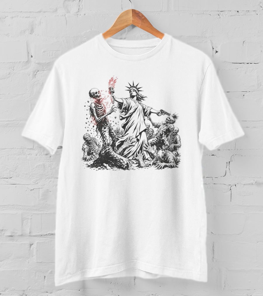 Statue Of Liberty Battling Zombies With Torch And Pistol T-Shirt