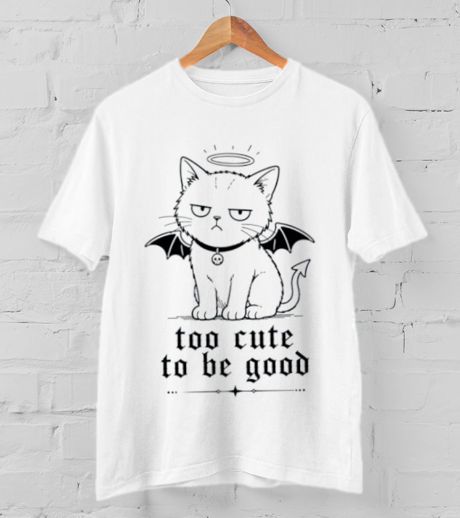 Too Cute To Be Good Devil Cat Kitten Halo Wings T-Shirt