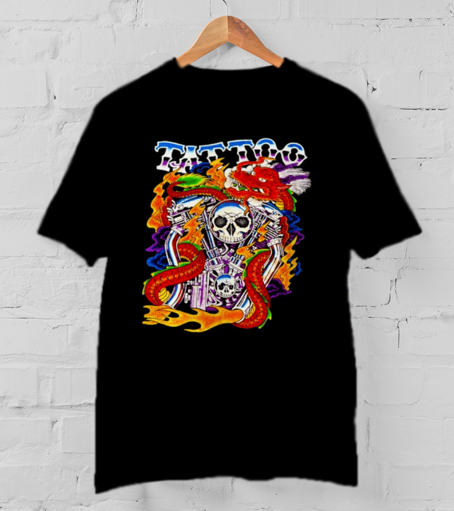 Tattoo Brand Dragon Skull Motorcycle Engine Flames T-Shirt
