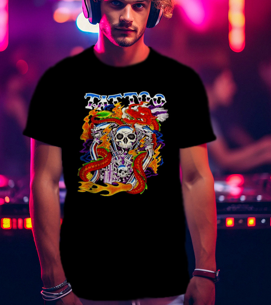 Tattoo Brand Dragon Skull Motorcycle Engine Flames T-Shirt