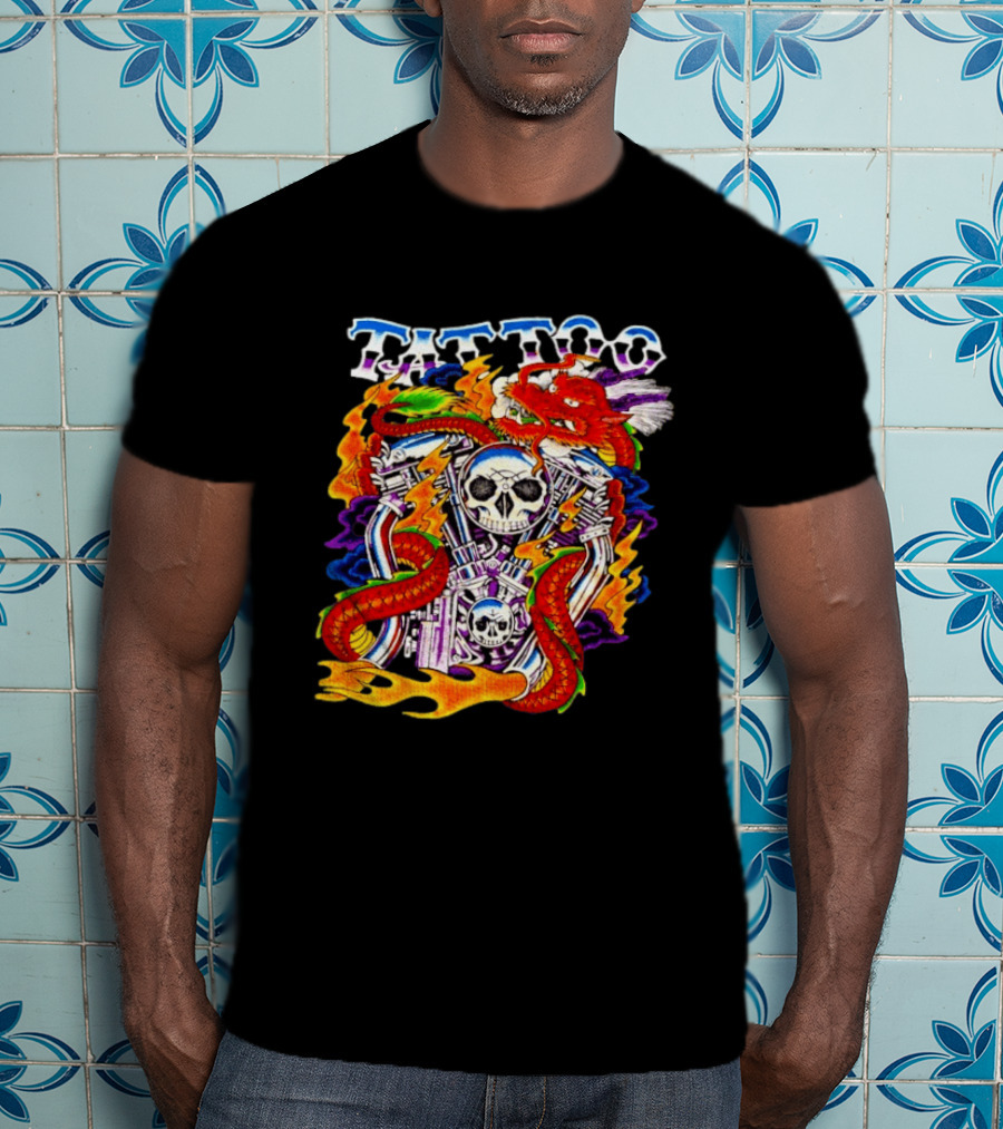 Tattoo Brand Dragon Skull Motorcycle Engine Flames T-Shirt