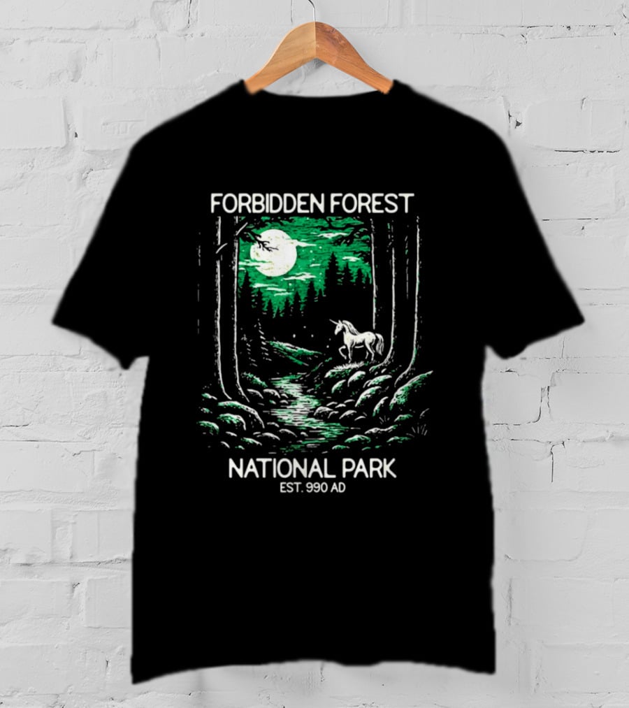 Forbidden Forest National Park Est 990 AD Moonlit Unicorn Scene T-Shirt