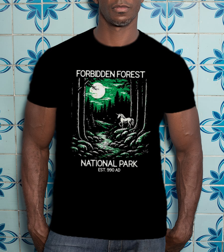 Forbidden Forest National Park Est 990 AD Moonlit Unicorn Scene T-Shirt