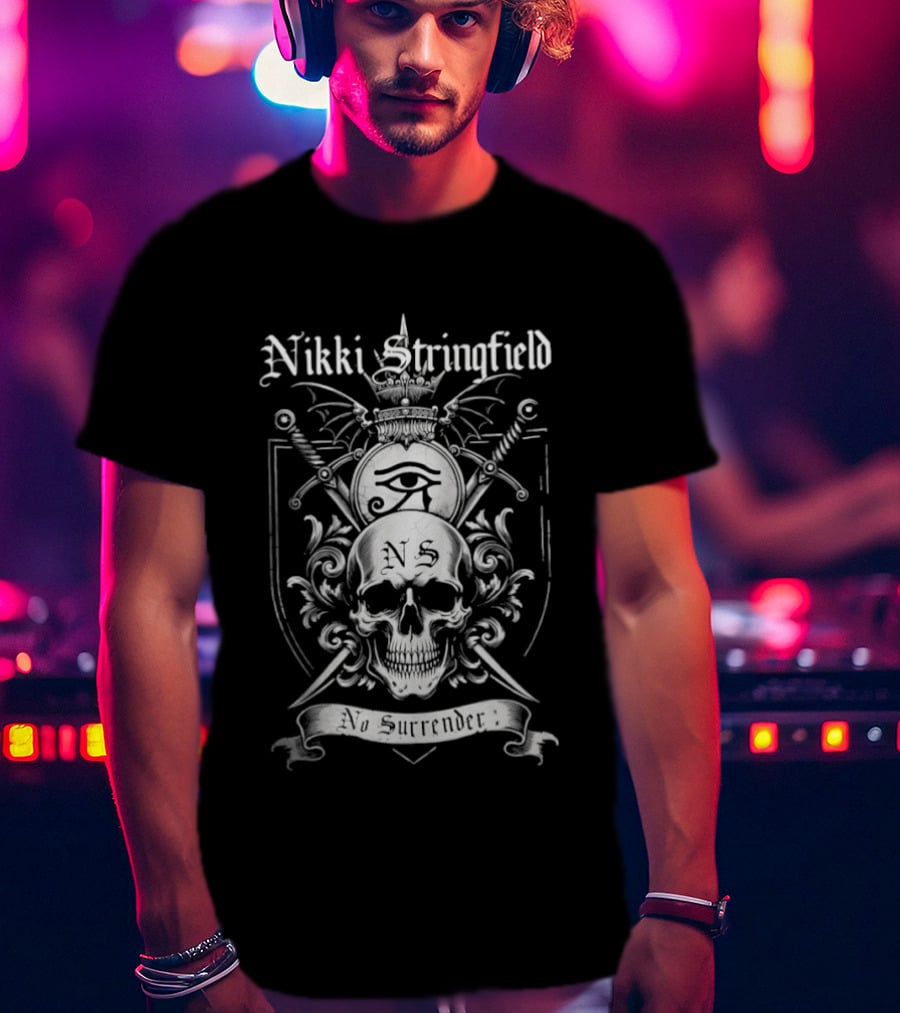 Nikki Stringfield No Surrender Skull Crest Sword Bat Wing Eye Of Providence T-Shirt