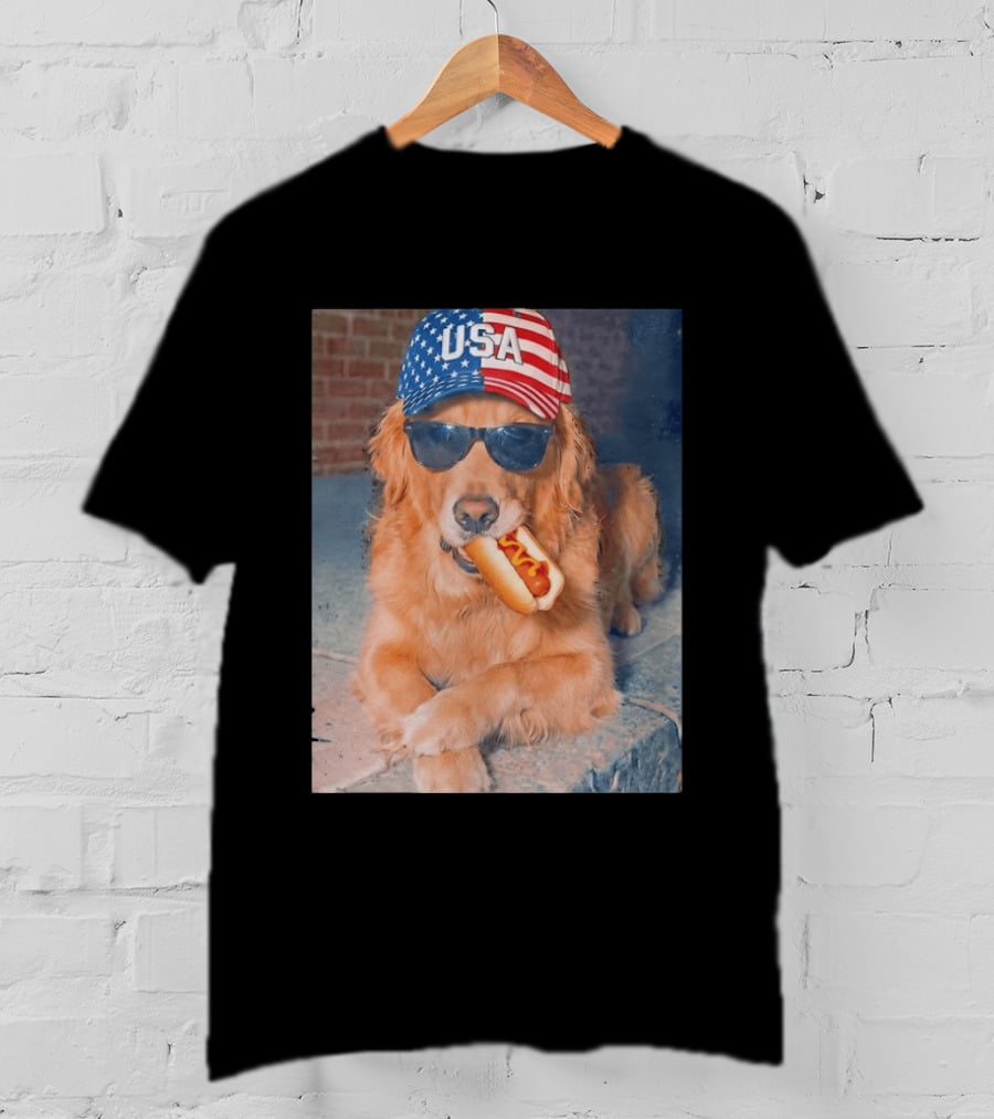 Golden Retriever With USA Hat Eating Hot Dog American Flag 4th Of July T-Shirt
