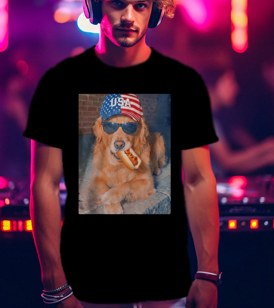 Golden Retriever With USA Hat Eating Hot Dog American Flag 4th Of July T-Shirt