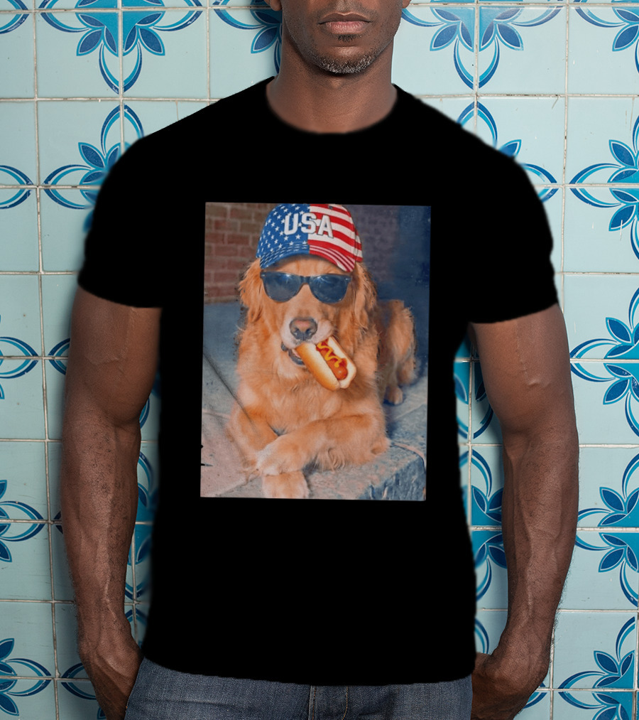 Golden Retriever With USA Hat Eating Hot Dog American Flag 4th Of July T-Shirt