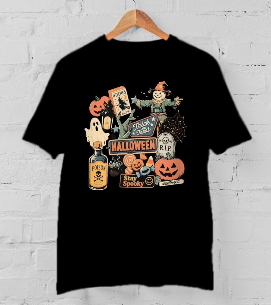 Halloween Trick Or Treat Stay Spooky Witches Brew Poison Nightmare R.I.P Ghost Pumpkins T-Shirt