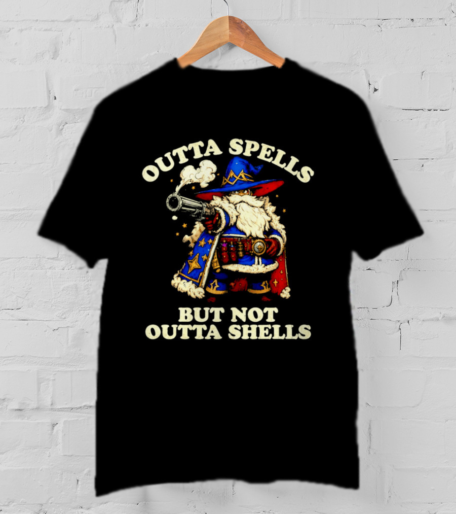 Outta Spells But Not Outta Shells Wizard With Shotgun Retro Magic Humor T-Shirt