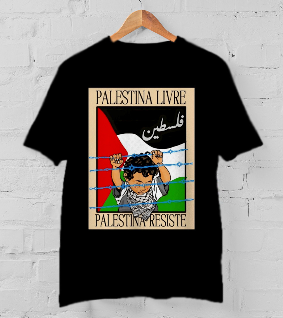 Palestina Livre Resistência Criança Frente Bandeira Arame Farpado T-Shirt
