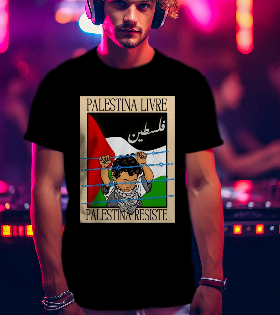 Palestina Livre Resistência Criança Frente Bandeira Arame Farpado T-Shirt